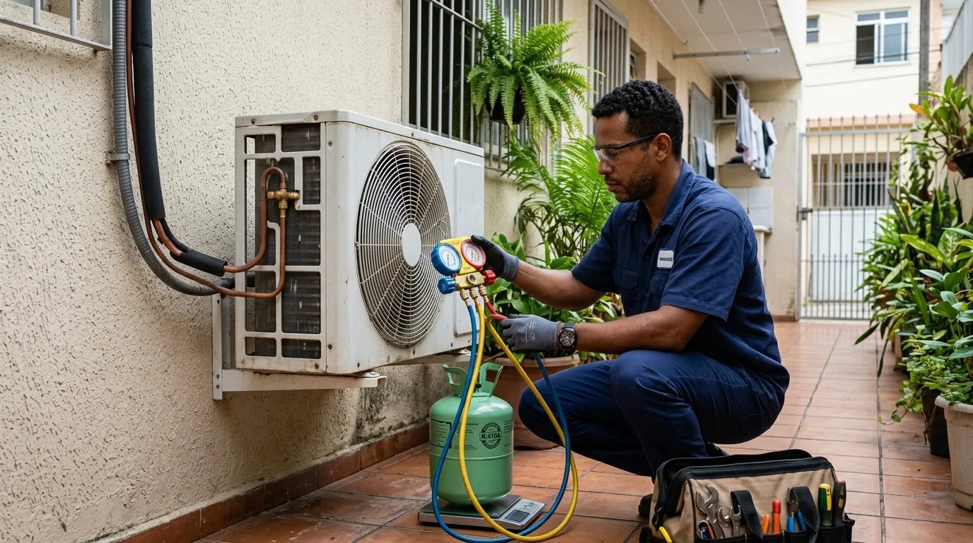 Técnico fazendo carga de gás na condensadora do ar-condicionado em Belém‑PA