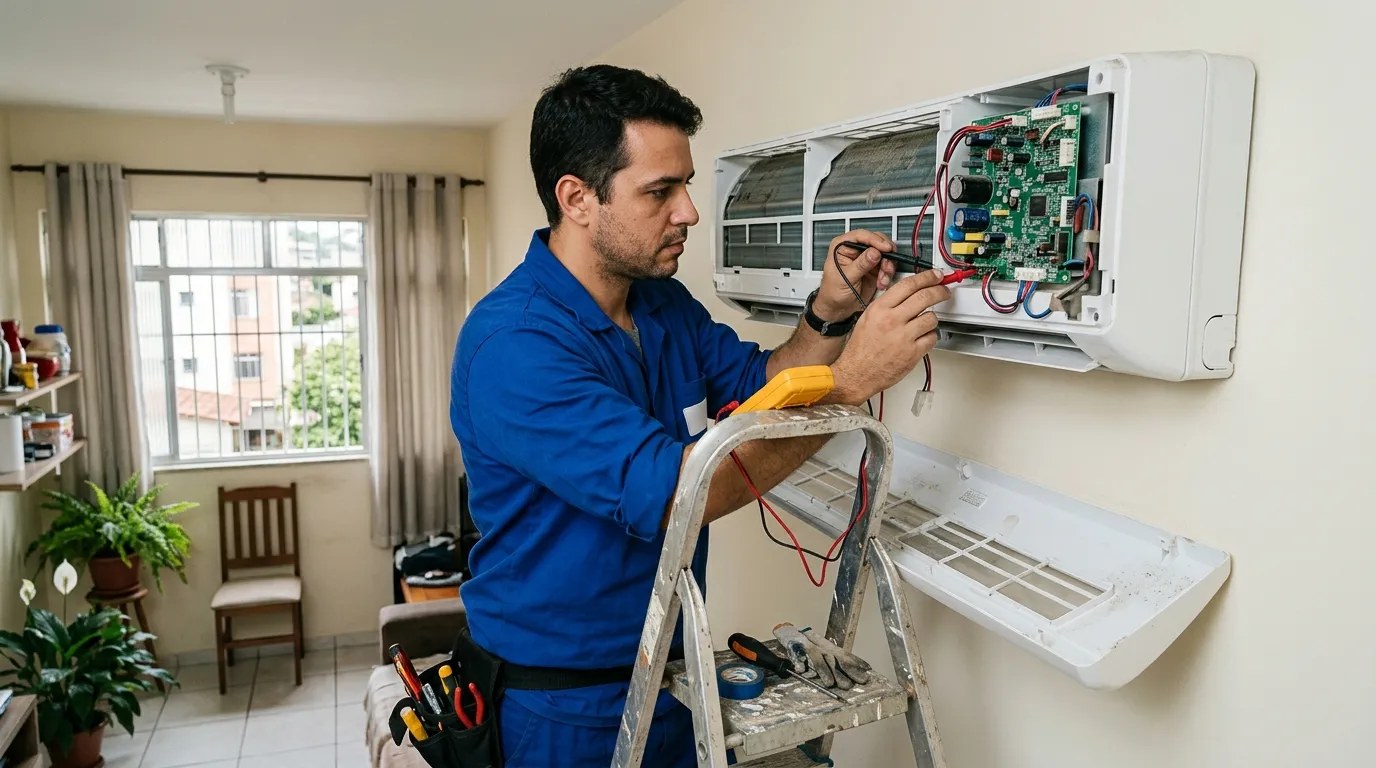 Técnico trocando a placa eletrônica de ar-condicionado split em Belém‑PA