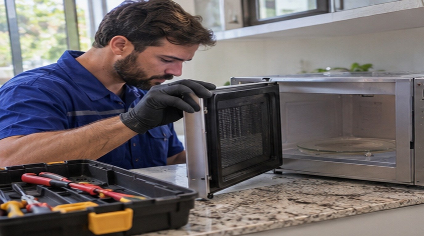 Conserto de micro-ondas em Belém‑PA: técnico abrindo um micro-ondas de bancada