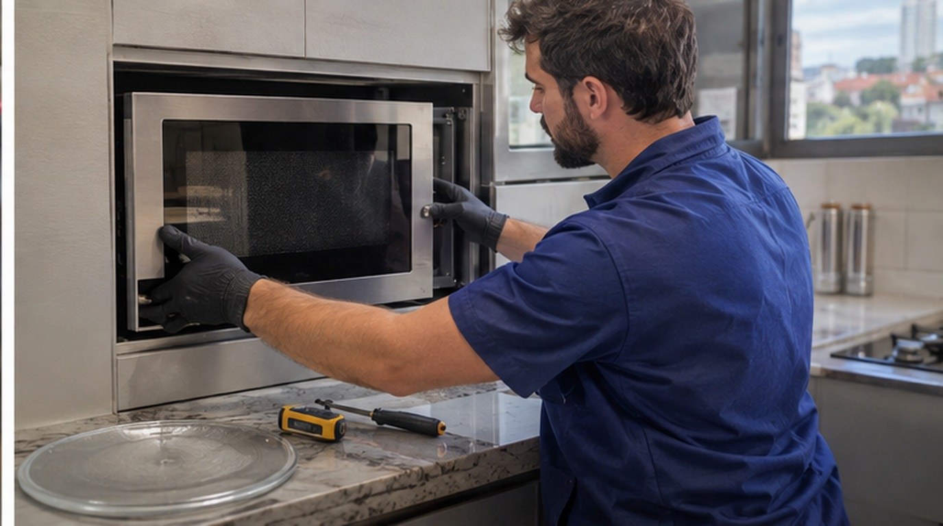 Conserto de micro-ondas de embutir em Belém‑PA: técnico encaixando o aparelho no armário