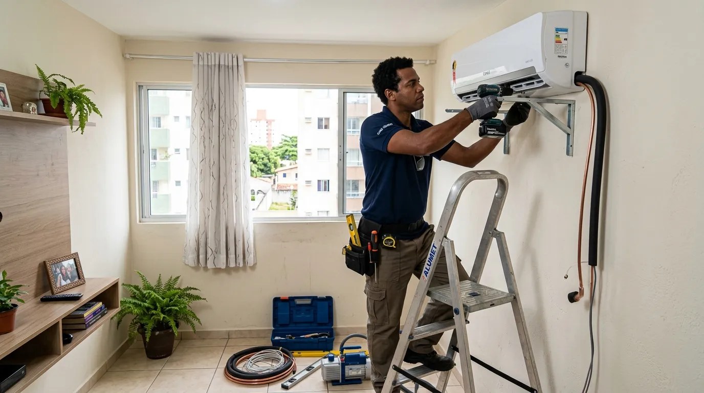 Técnico instalando ar-condicionado split em residência em Belém‑PA