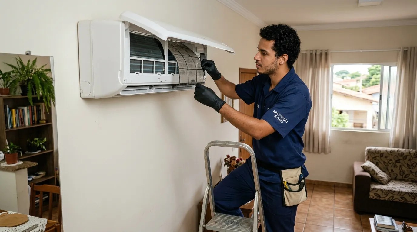 Técnico fazendo limpeza e higienização de ar-condicionado split em Belém‑PA