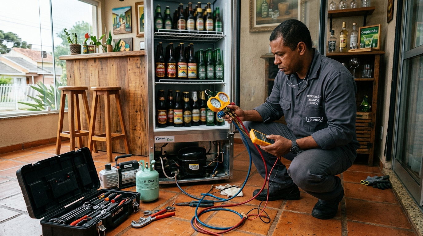 Técnico revisando o motor de uma cervejeira durante chamado em Belém‑PA
