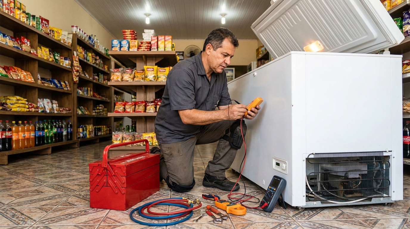 Manômetro conectado ao circuito durante recarga de gás de freezer no Ariramba, Belém‑PA