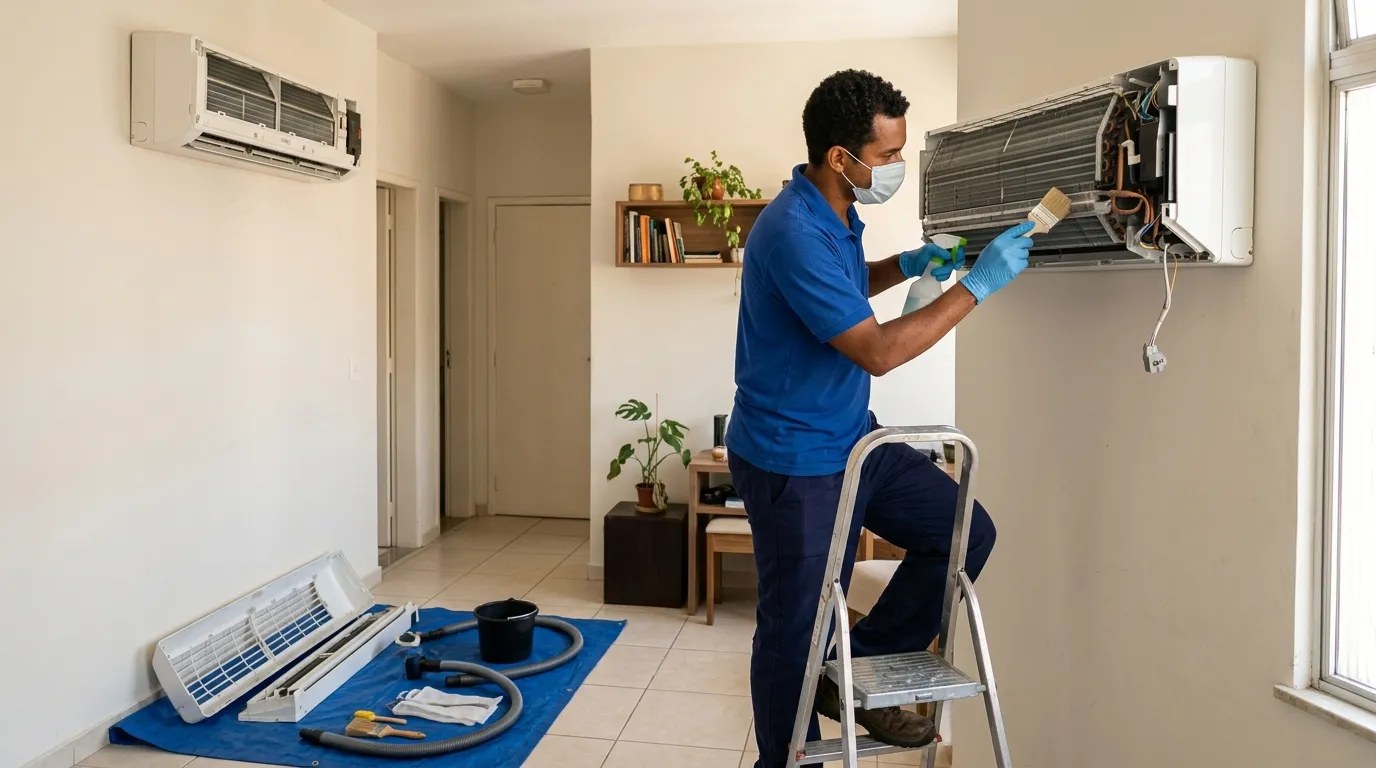 Técnico fazendo manutenção de ar-condicionado split em Belém‑PA