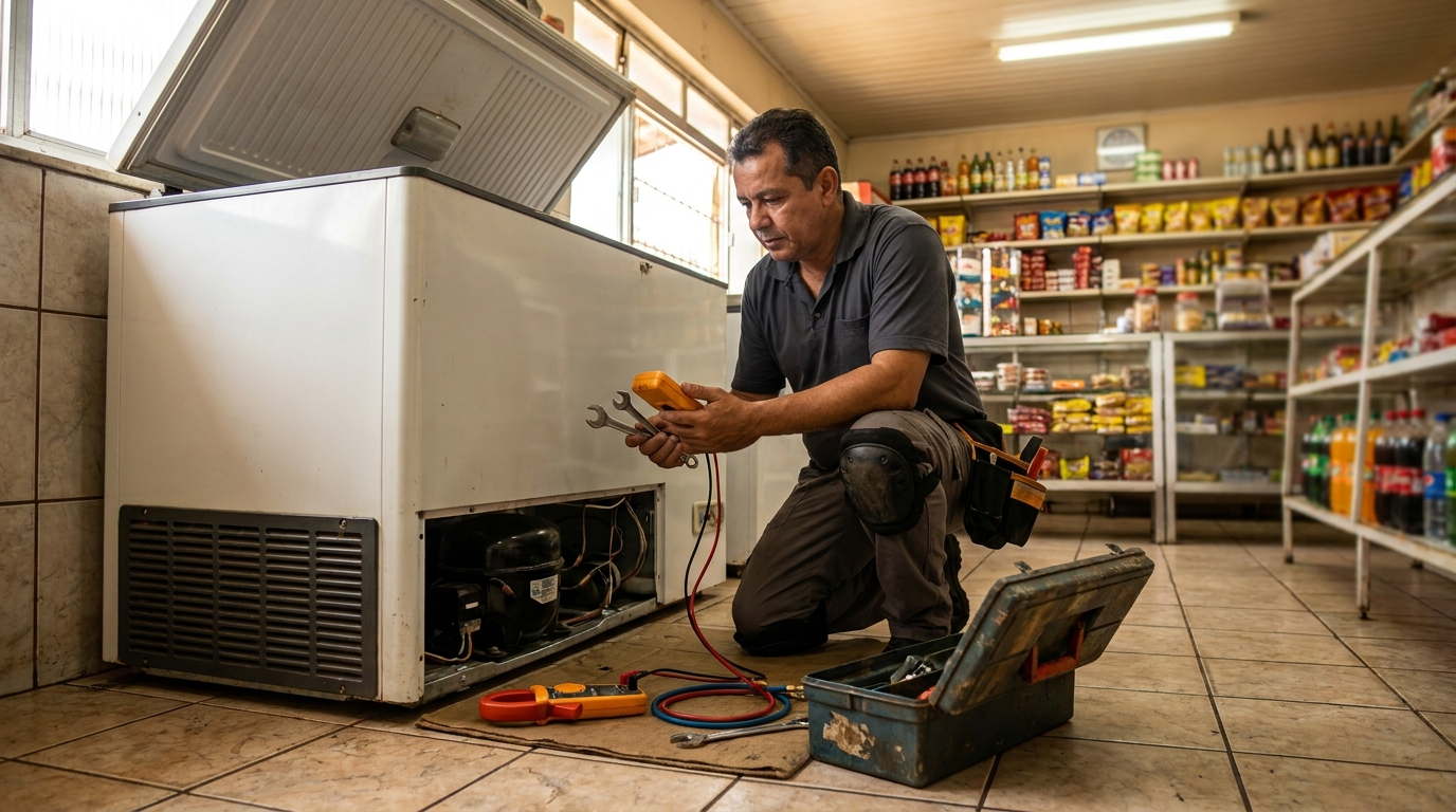 Técnico avaliando um freezer vertical durante atendimento no Ariramba, Belém‑PA