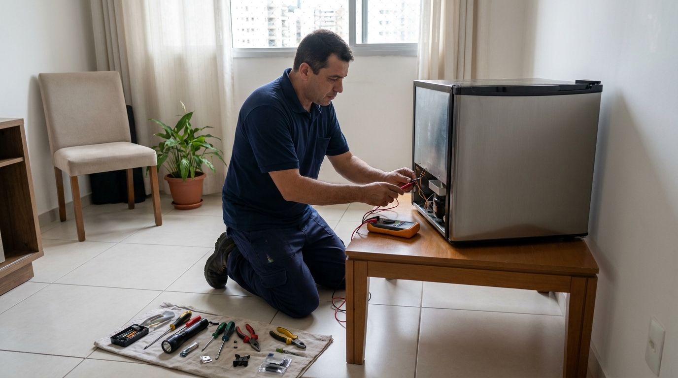 Técnico avaliando um frigobar compacto durante atendimento no Condor, Belém‑PA